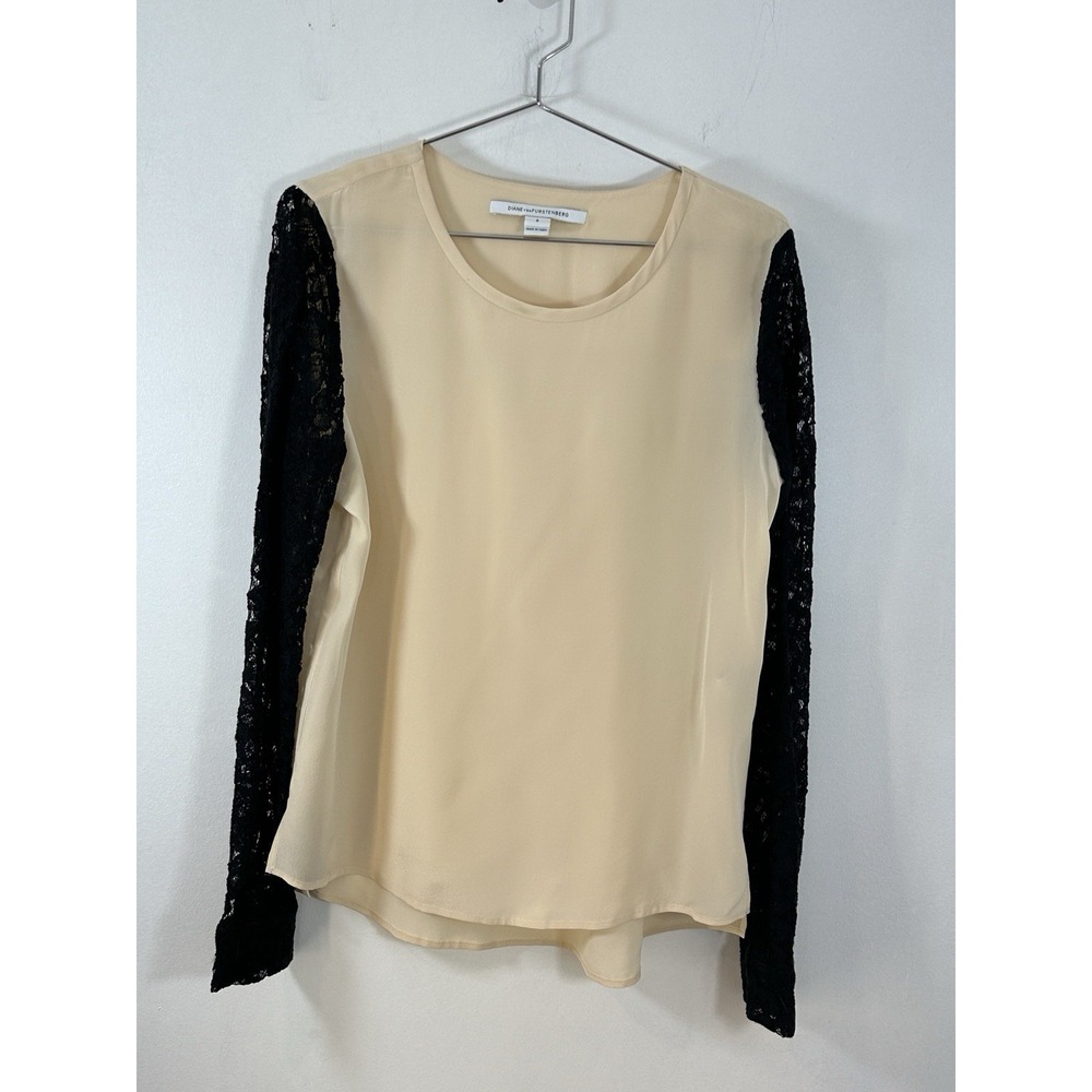 Diane Von Furstenberg Top Size 8 Womens Black Sesame Silk Louisa Blouse Lace